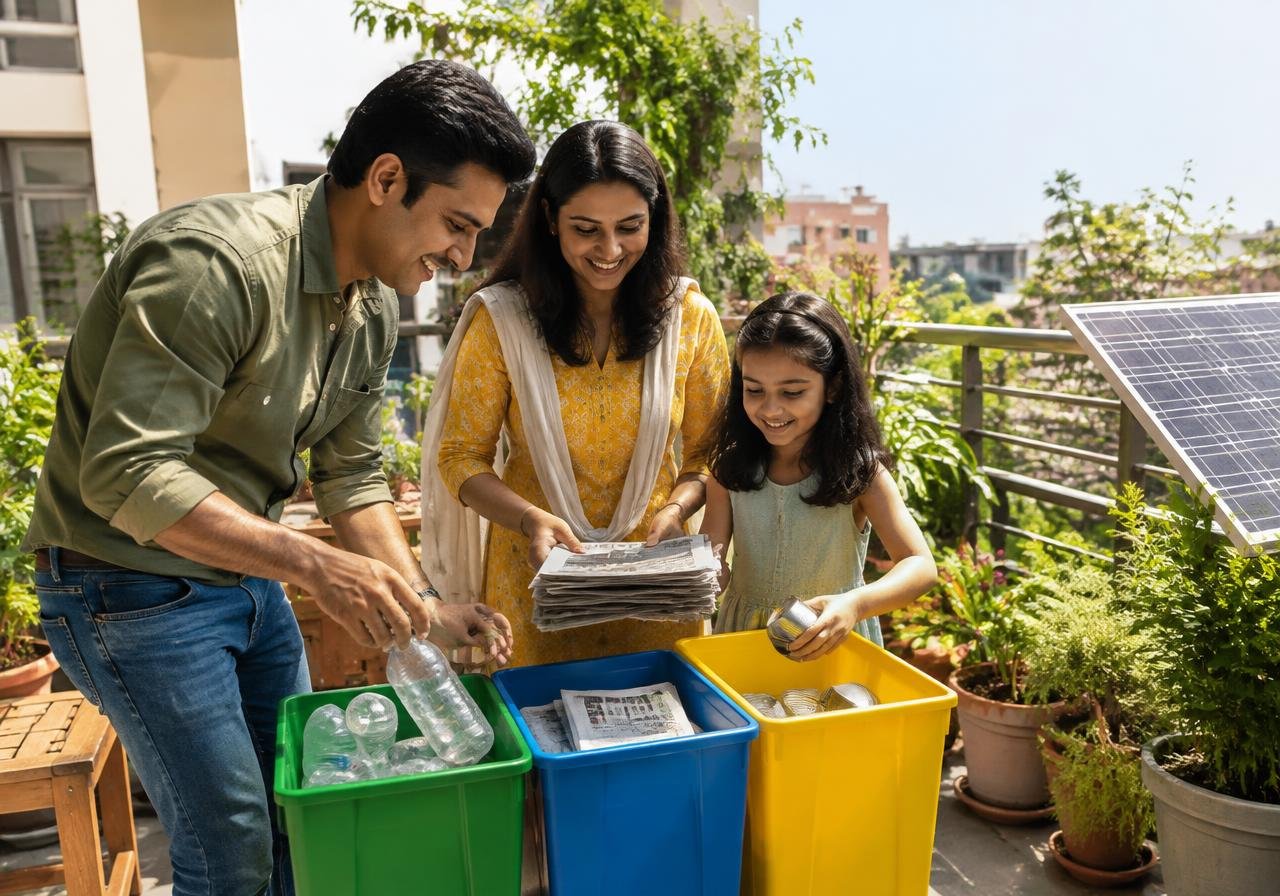 A family sorting recyclables into separate bins on a green balcony
